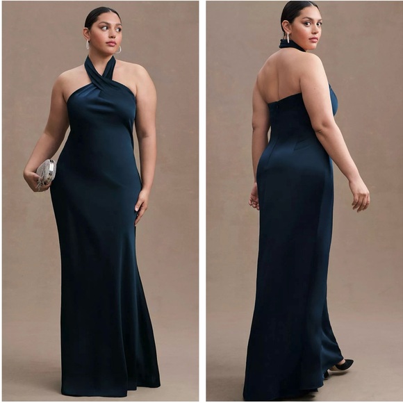 BHLDN Anthropologie Ruby Twist Halter Satin Gown NEW Size 16 Dress Navy - Picture 1 of 14